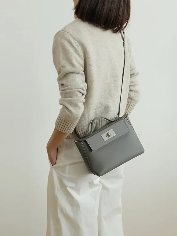 Women's Leather Satchel Metal Twist Lock Bag