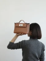 Women's Leather Satchel Metal Twist Lock Bag