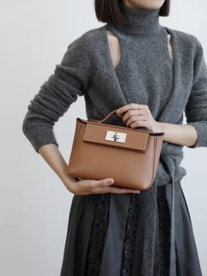 Women's Leather Satchel Metal Twist Lock Bag
