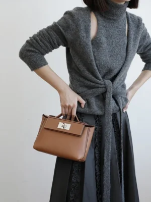 Women's Leather Satchel Metal Twist Lock Bag -