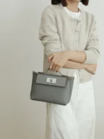 Women's Leather Satchel Metal Twist Lock Bag