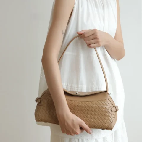 Womens Leather Woven Shoulder Bag - Beige