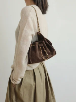 Women's Sheepskin Drawstring Shoulder Bag -