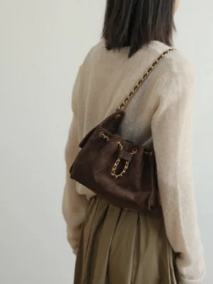 Women's Sheepskin Drawstring Shoulder Bag