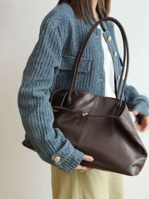 Genuine Leather Oversized Tote Bag - Brown Color