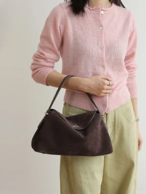 Suede Leather Satchel Handbag - Dark brown color