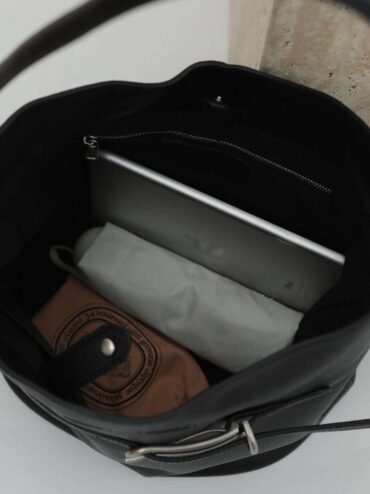 Large Leather Belted Bucket Bag - Image 3