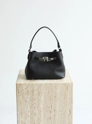 Mini Leather Inspired Kelly Bucket Bag - Black color