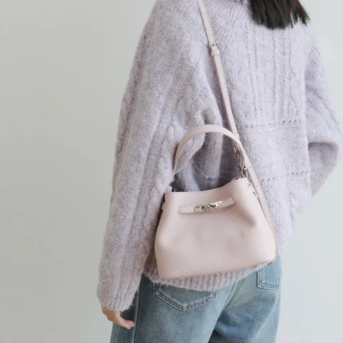 Mini Leather Inspired Kelly Bucket Bag - Pink color